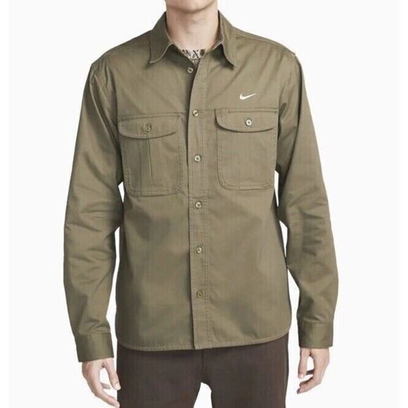 Nike SB DQ6287 Unisex Sz XS Olive Green Woven Skate L/S Button-Up Shirt - Picture 1 of 9
